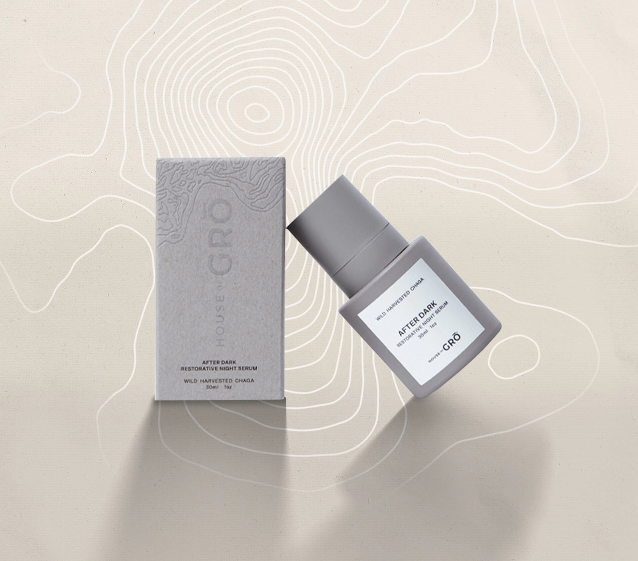 House of GRŌ After Dark Restorative Night Serum bottle and its textured packaging box on a light background.