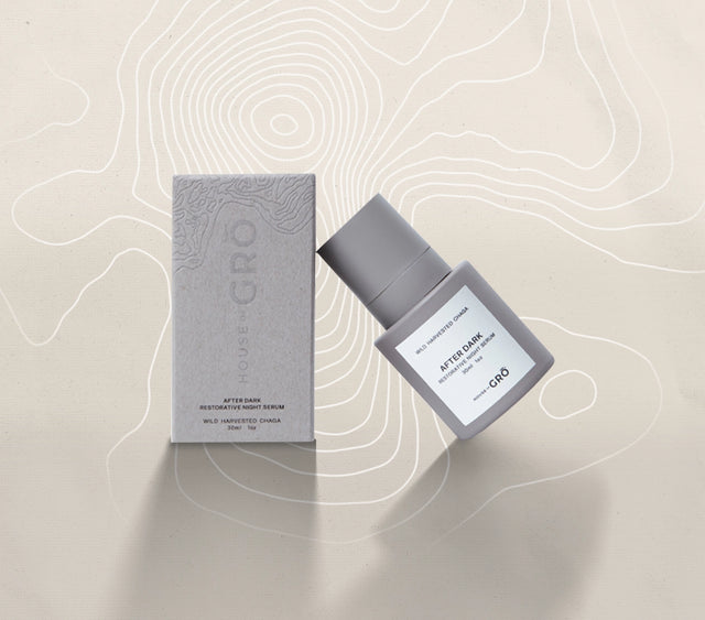 House of GRŌ After Dark Restorative Night Serum bottle and its textured packaging box on a light background.